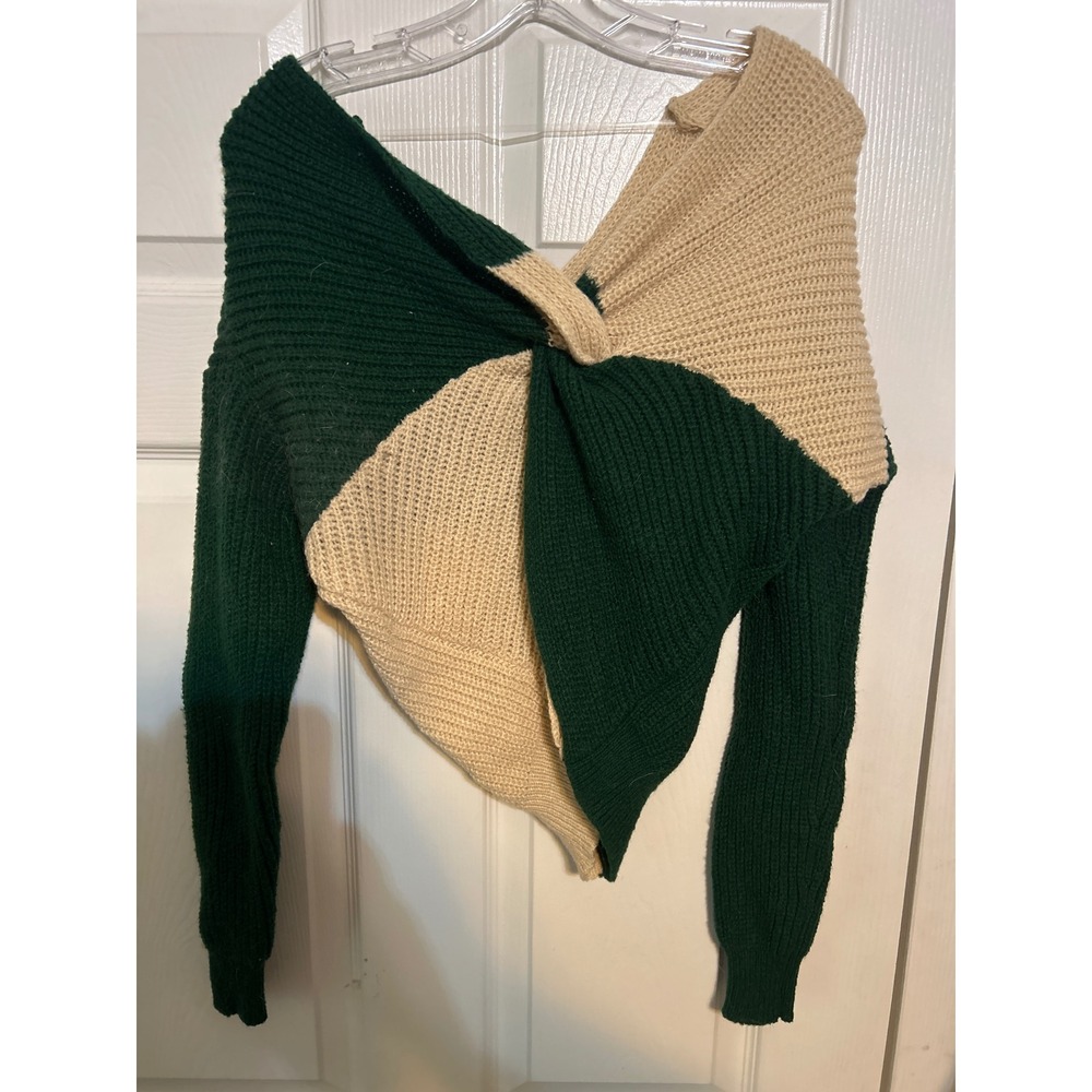 No Boundaries Womens Twist Front Colorblock Sweater Green Cream Crop Small S 3-5